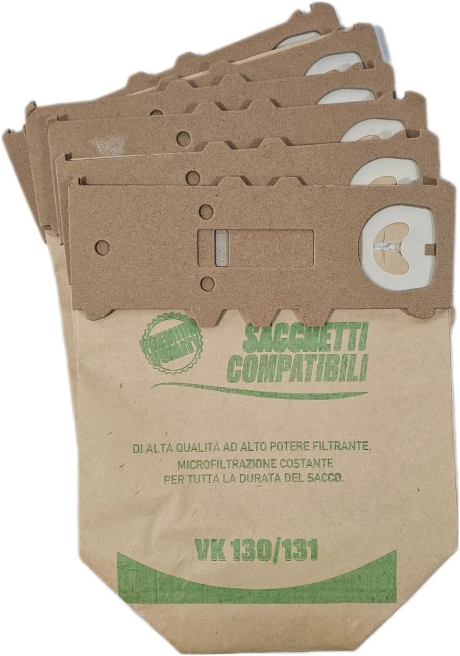 CONFEZIONE 6 SACCHETTI IN CARTA COMPATIBILE PER VORWERK FOLLETTO ADATTABILE PER VK130 VK131