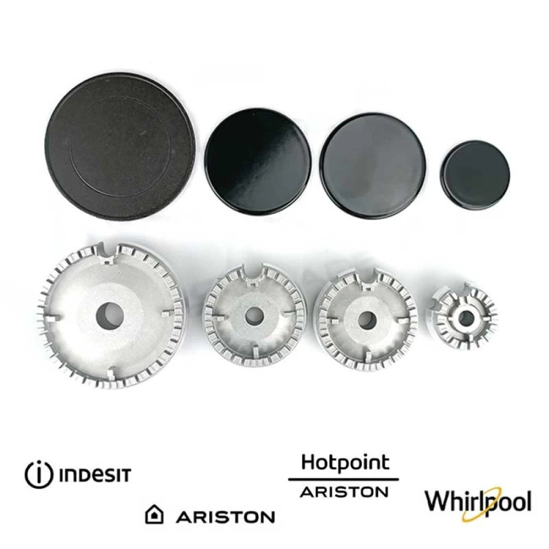 SERIE BRUCIATORI + PIATTELLI SPARTIFIAMMA ORIGINALE PER PIANI COTTURA DE LONGHI - BOSCH - ARISTON - INDESIT