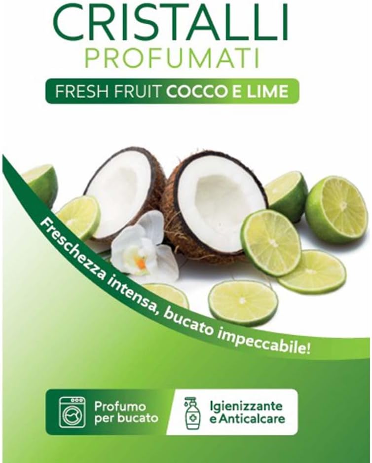 CRISTALLI PROFUMATI PER BUCATO "FRESH FRUIT COCCO E LIME" IGIENIZZANTE - ANTICALCARE - AMMORBIDENTE