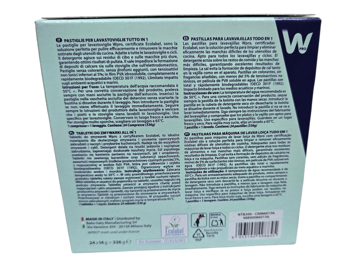 PASTIGLIE ECOLOGICHE TUTTO IN 1 PER LAVASTOVIGLIE 24PZ. UNIVERSALE WPRO WHIRLPOOL NTB200